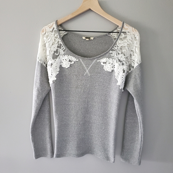 Miss Me Tops - Miss Me Crochet Lace Long Sleeve Top - M